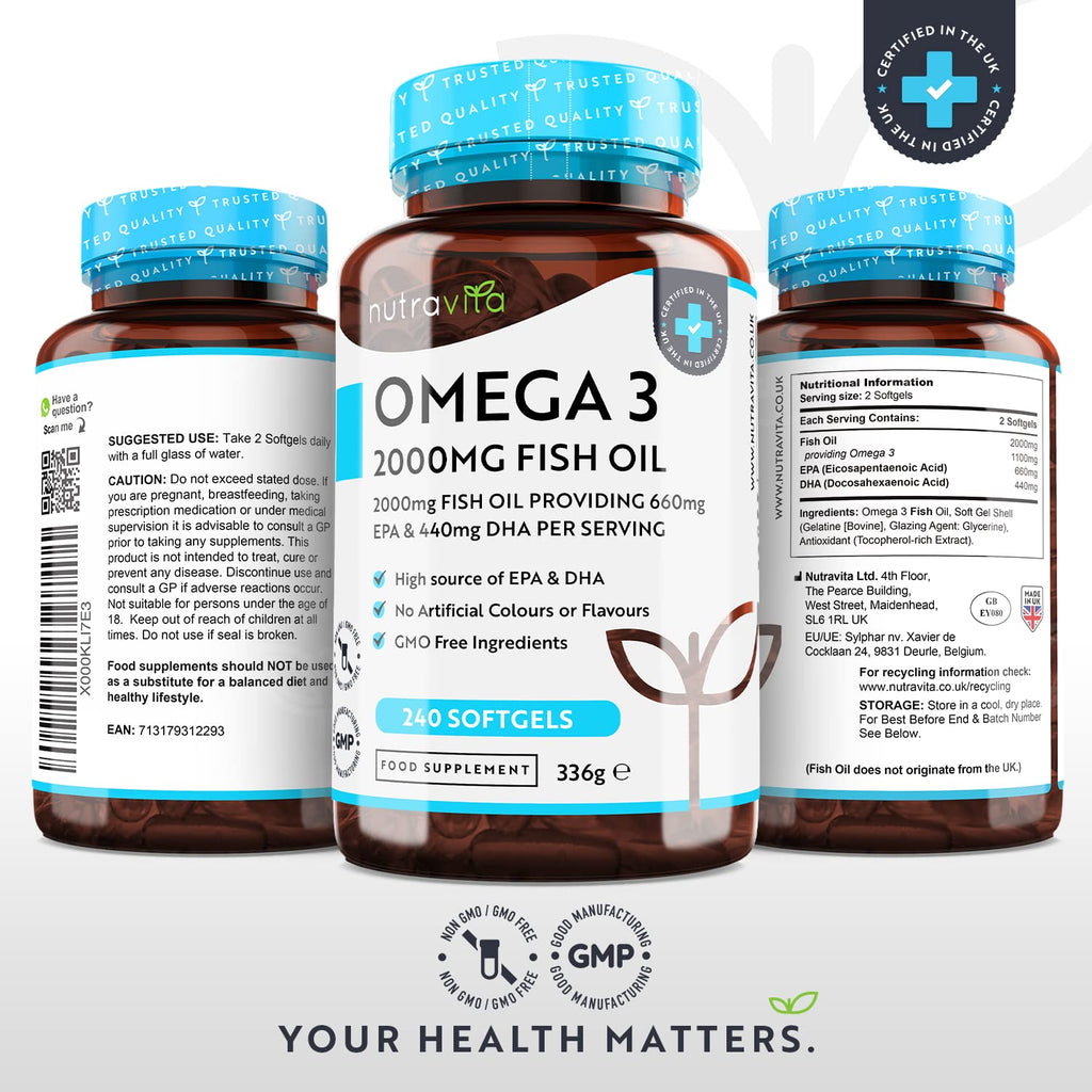 Omega 3 Pure Fish Oil 2000mg – 660mg EPA & 440mg DHA per Daily Serving – 240 Softgel Capsules – 4 Months Supply – for Maintenance of Normal Heart and Brain Function – Made in The UK by Nutravita