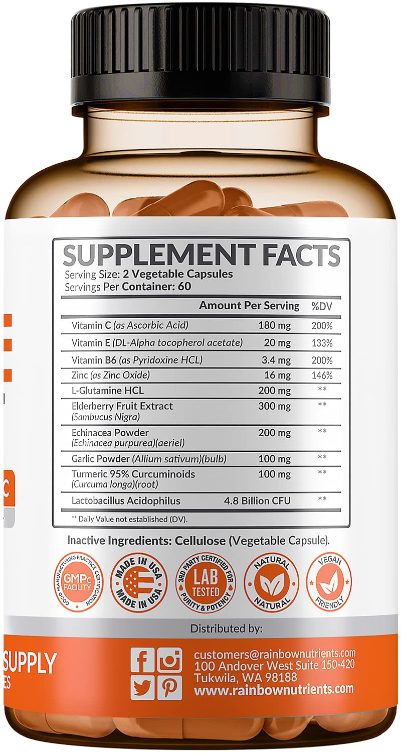 10 in 1 Immune Support Supplement (No Fillers) | Vitamin C, Zinc, Elderberry, Echinacea, Turmeric, Probiotics |Immunity Booster for Multi-System Immune Defense, Respiratory & Gut health |60 Day Supply