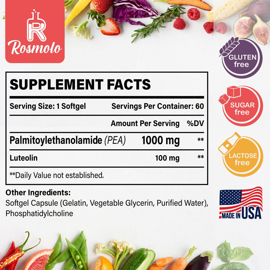 Liposomal Palmitoylethanolamide 1000 mg + Luteolin 100 mg, Micronized Pea 99% Highly Purified - Enhanced Absorption and Bioavailability, 120 Softgels
