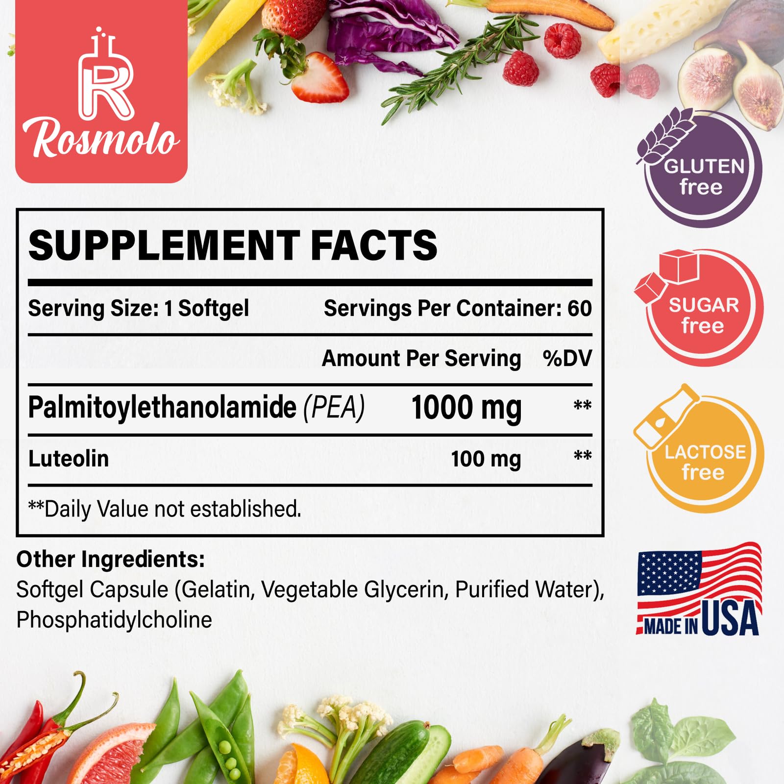 Liposomal Palmitoylethanolamide 1000 mg + Luteolin 100 mg, Micronized Pea 99% Highly Purified - Enhanced Absorption and Bioavailability, 120 Softgels