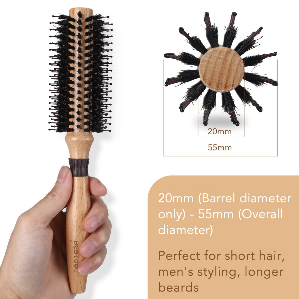 BESTOOL Round Brush for Blow-Drying, Boar Bristles with Nylon Pins, Professional Styling Brush for Women and Men, Straightening, Curling, Improving Hair Texture (Barrel 20mm)
