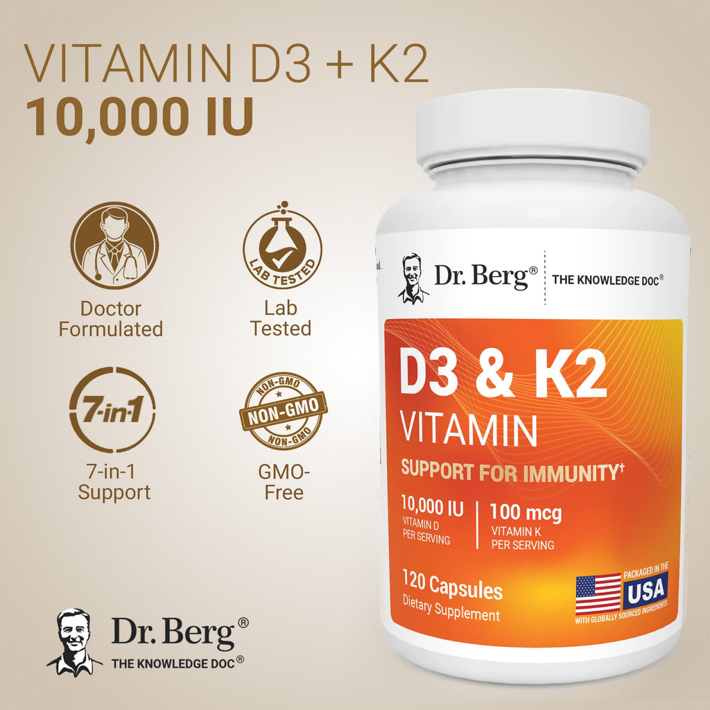 Dr. Berg Maximum Strength 7-in-1 Vitamin D3 K2 10,000 IU | Naturally Derived D3 | 4X Lab-Tested & Verified | High Absorption Formula | K2 D3 Vitamin Supplement | 120 Capsules