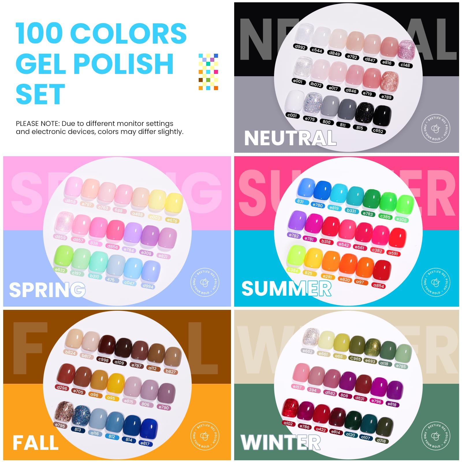 Beetles 110 PCS Gel Nail Polish Set, 100 Colors Infinite Inspiration Gift Spree All Season Red Brown Green Black Gel Polish with 5Pcs Base Top Coat Soak Off UV for Manicure Lovers DIY at Home