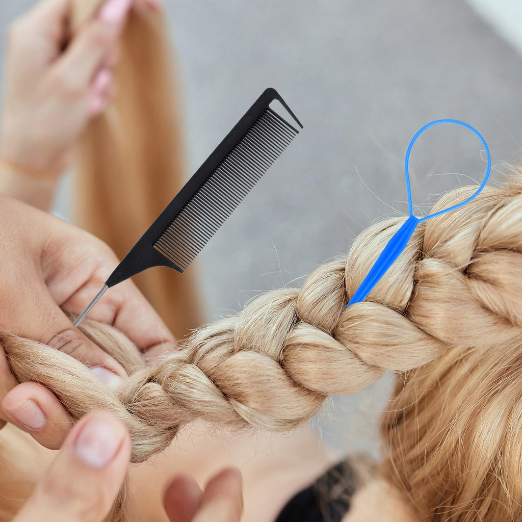 Acooruiteng Topsy Tail Kit - Hair Braiding Tool, French Braid Loop, Pull Through, Styling Tool with Rat Tail Comb and Rubber Bands (6 Pcs)