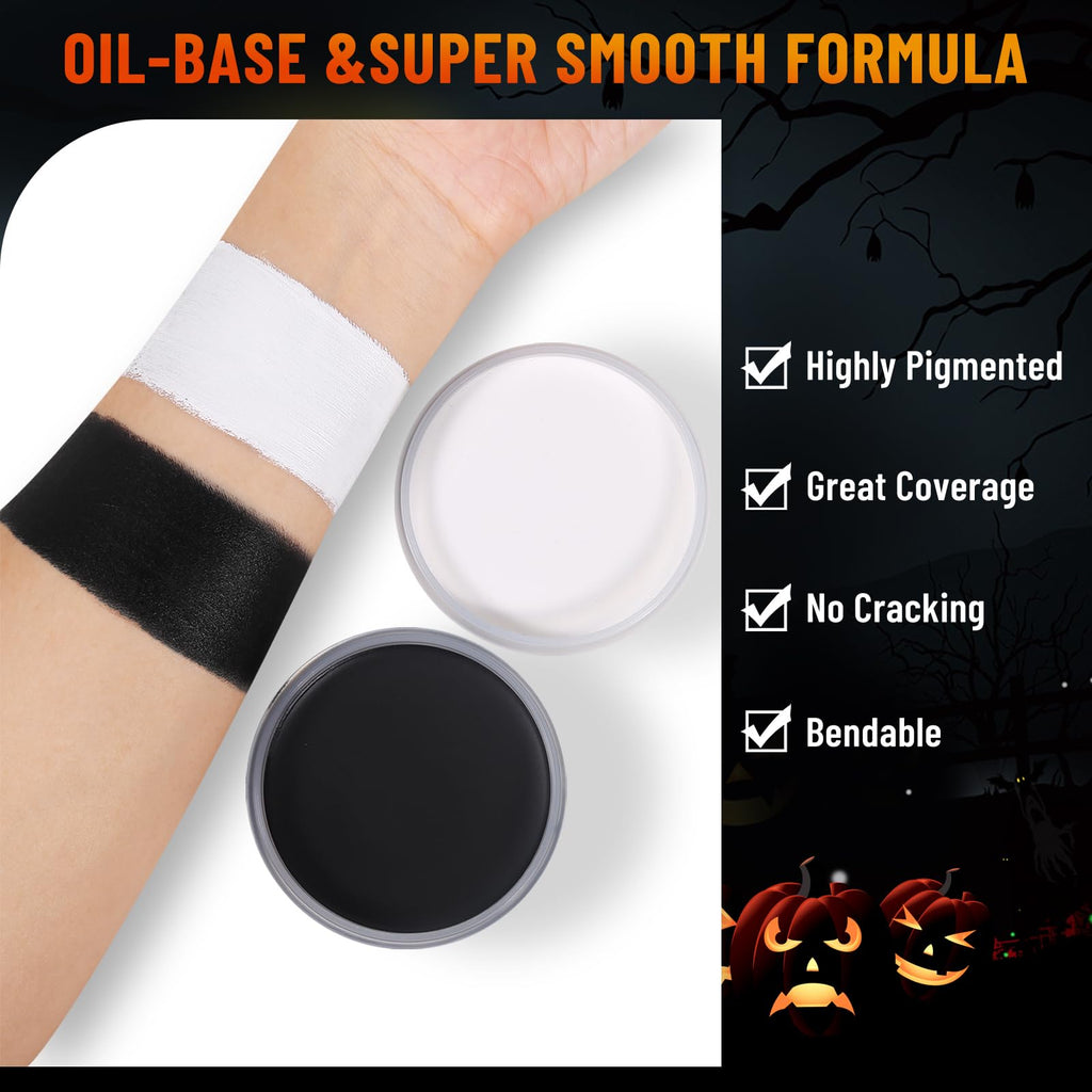 BOBISUKA Black & White Face Body Paint + Setting Powder + 3PCS Brushes Face Painting Kit for Adult Professional Oil Based Facepaint For Halloween Clown Skeleton Vampire Skull Joker Cosplay SFX Makeup