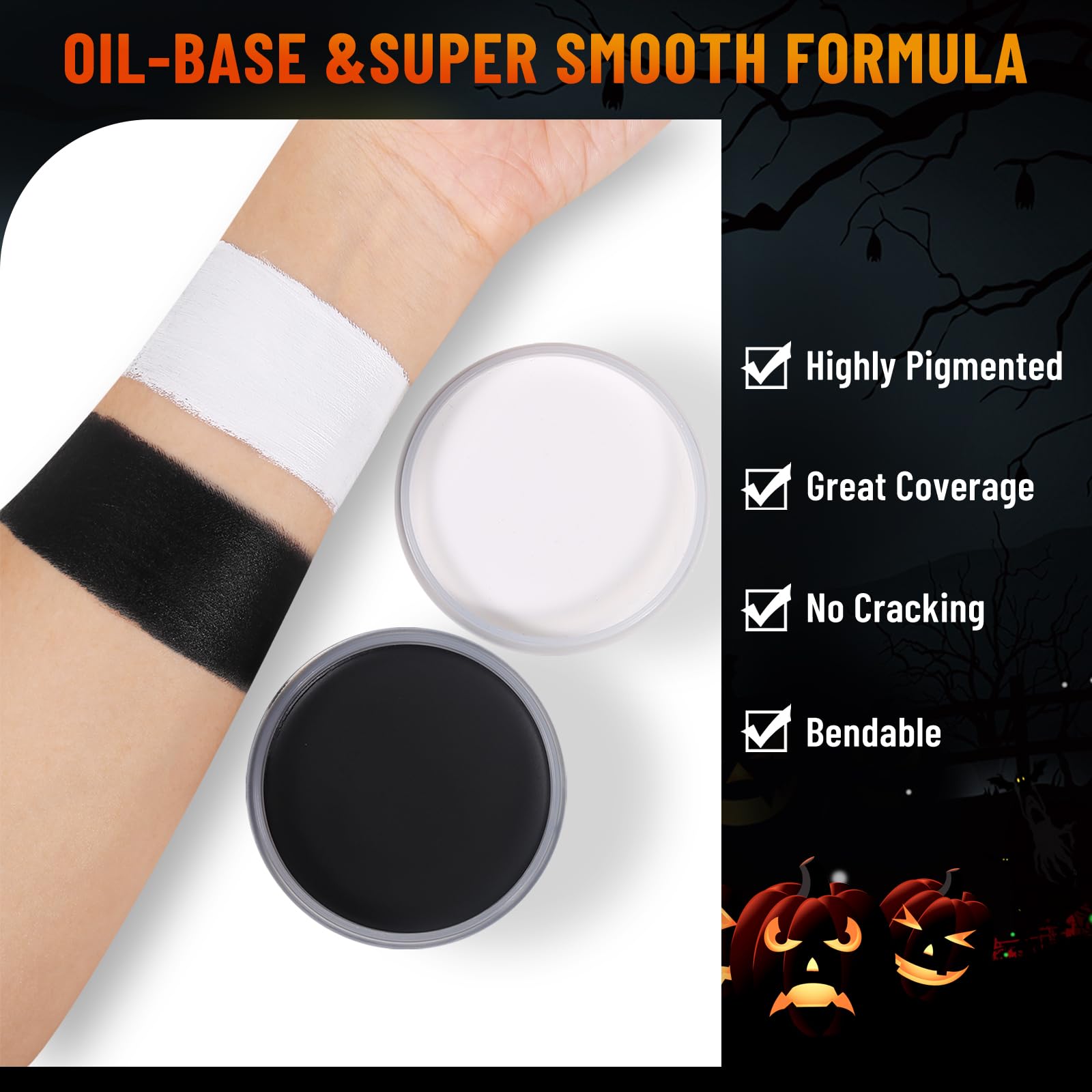 BOBISUKA Black & White Face Body Paint + Setting Powder + 3PCS Brushes Face Painting Kit for Adult Professional Oil Based Facepaint For Halloween Clown Skeleton Vampire Skull Joker Cosplay SFX Makeup