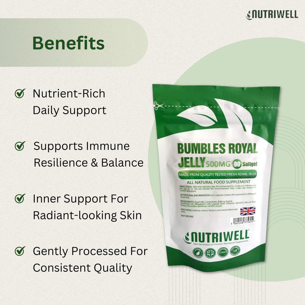 Bumbles Royal Gellee - 90 High Strength 500mg Royal Jelly Softgel Capsules to Support Immune System and Boost Energy, for Healthy Hair & Skin, Made in The UK by Nutri Well