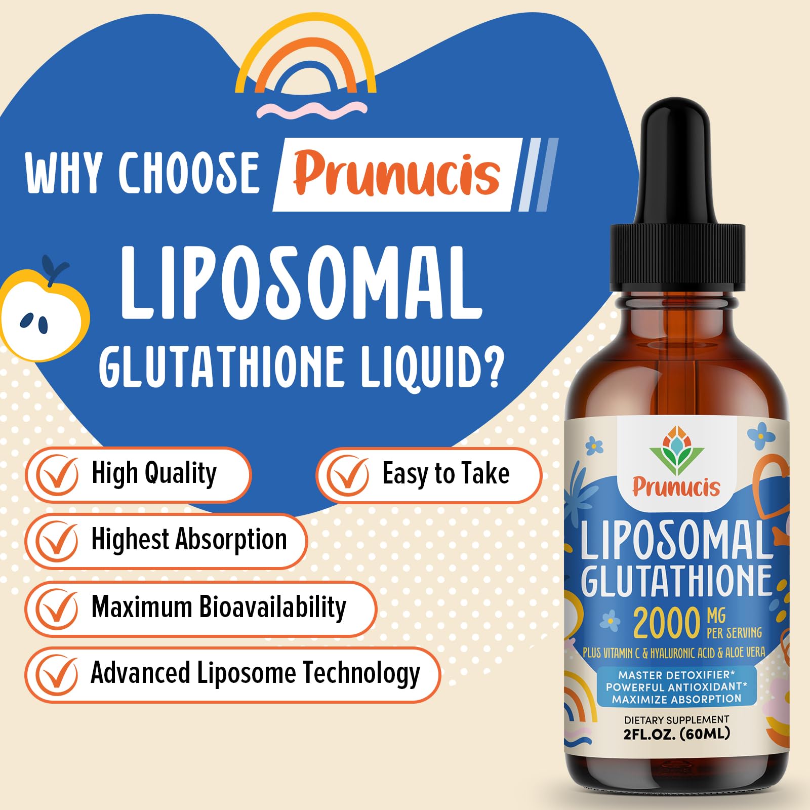 Prunucis 2000MG Liposomal Glutathione Liquid, 98% Absorption, Active Form L-Glutathione Supplement, Vegan Friendly, Powerful Antioxidant Complex for Immune System, Aging Defense, Detox, 4 FL.OZ