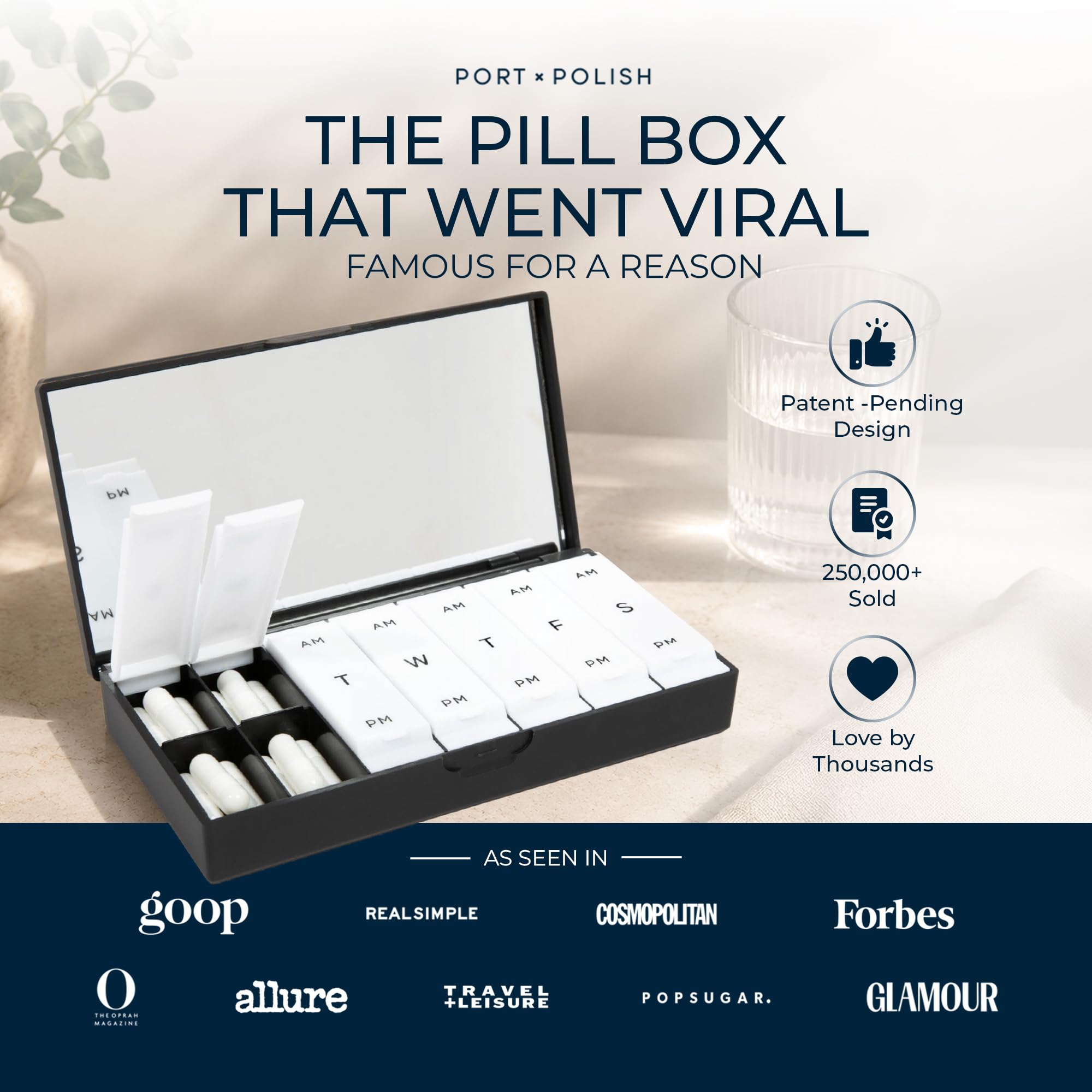 PORT X POLISH Designer Weekly Pill Box Organizer (AM/PM 2X Daily, Classic Black) | Compact, Stylish 7-Day Vitamin Supplement Case | Cute Portable Mini Travel Medicine Carrier | BPA-Free Pillbox Caddy