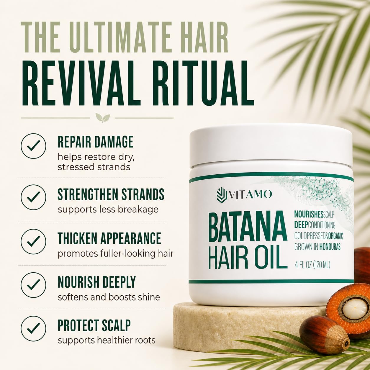 Vitamo 100% Organic Batana Natural Hair Growth Oil | Pure Elaeis Oleifera | Cold Pressed for Maximum Potency | Dr. Sebi Inspired Scalp & Hair Shine Treatment for Men and Women | No Burnt Smell