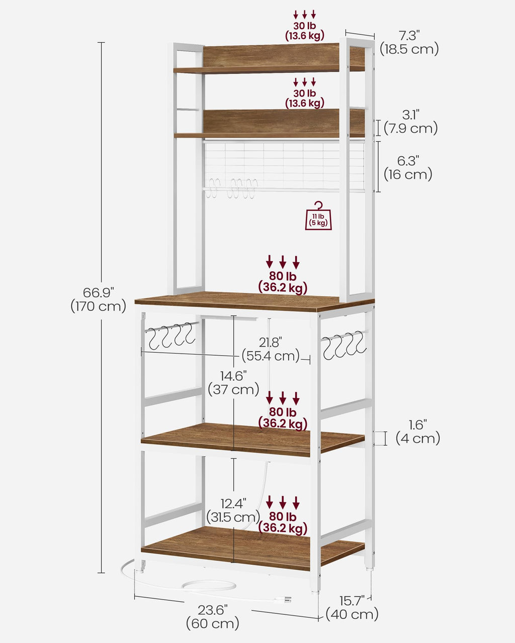 Hutch Bakers Rack with Power Outlet, 14 Hooks Microwave Stand, Adjustable Coffee Bar with Metal Wire Panel, Kitchen Storage Shelf, 15.7 x 23.6 x 66.9 Inches, Rustic Walnut and White UKKS037W41