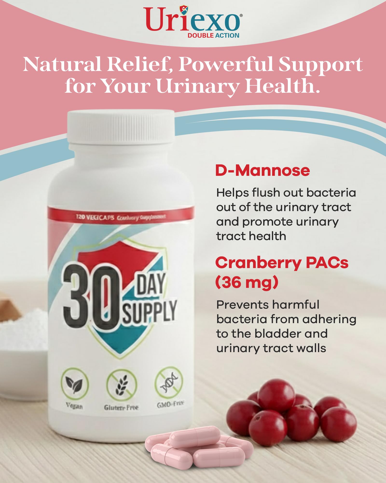 Uriexo Cranberry PACs & D-Mannose for Urinary Tract Health, 30-Day Supply
