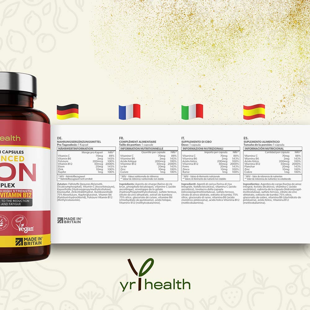Iron Supplement 20mg - 6 Month Supply Vegan Capsules with B12 & Folic Acid