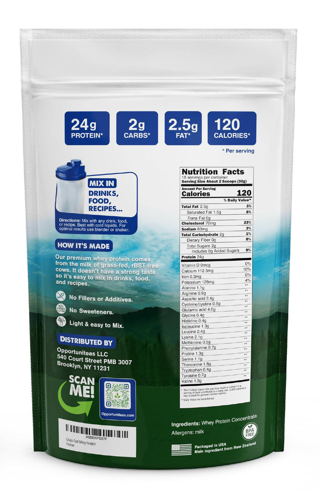 Opportuniteas Grass Fed Whey Protein Powder Concentrate - 1 Ingredient - Pure Protein Supplement for Drink, Smoothie, Shake, Cooking & Baking - Non GMO, Hormone Free & Gluten Free - 1 Pound