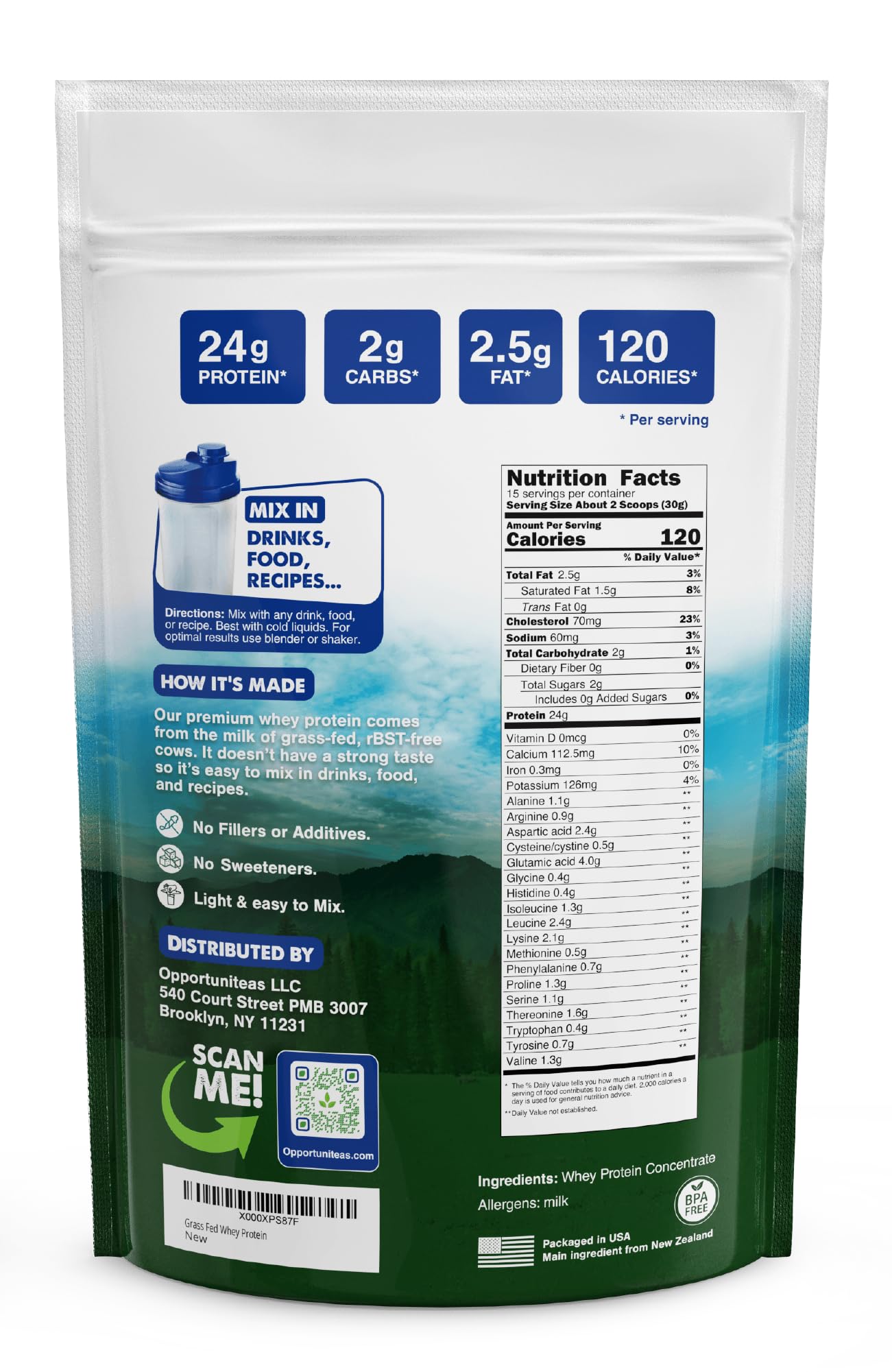 Opportuniteas Grass Fed Whey Protein Powder Concentrate - 1 Ingredient - Pure Protein Supplement for Drink, Smoothie, Shake, Cooking & Baking - Non GMO, Hormone Free & Gluten Free - 1 Pound