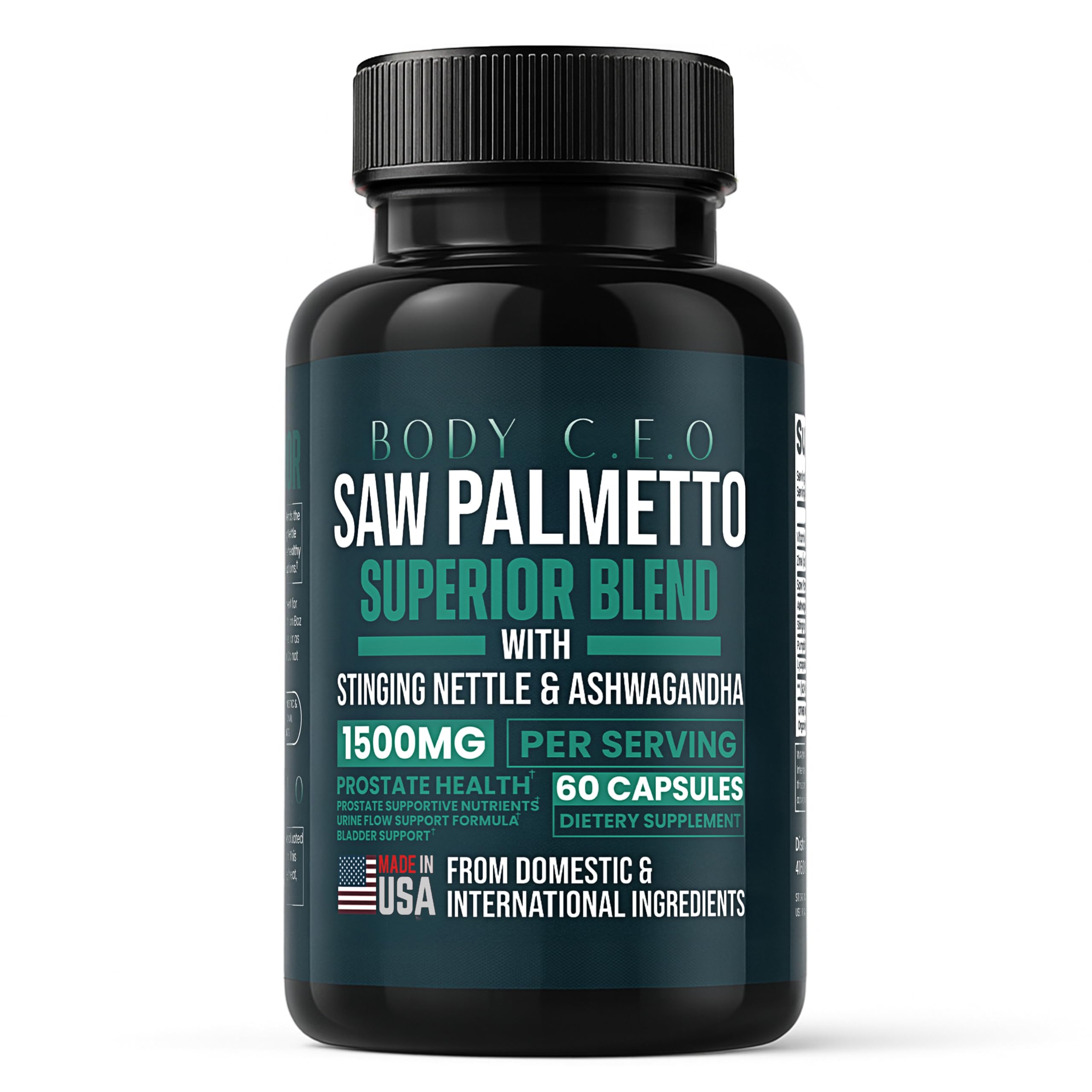 Body C.E.O. Saw Palmetto for Men 1500mg Supplement - Prostate Health & Urinary Flow Support - Ashwagandha, Lycopene & Pumpkin Seed - Third Party Tested, USA Made, Vegan & Cruelty Free - 60 Capsules