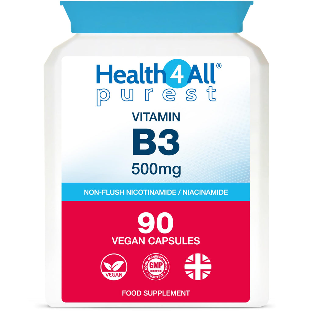 Vitamin B3 Nicotinamide (Niacinamide) 500mg 90 Capsules (V) Purest- no additives. Vegan. No-Flush Niacinamide. Made by Health4All