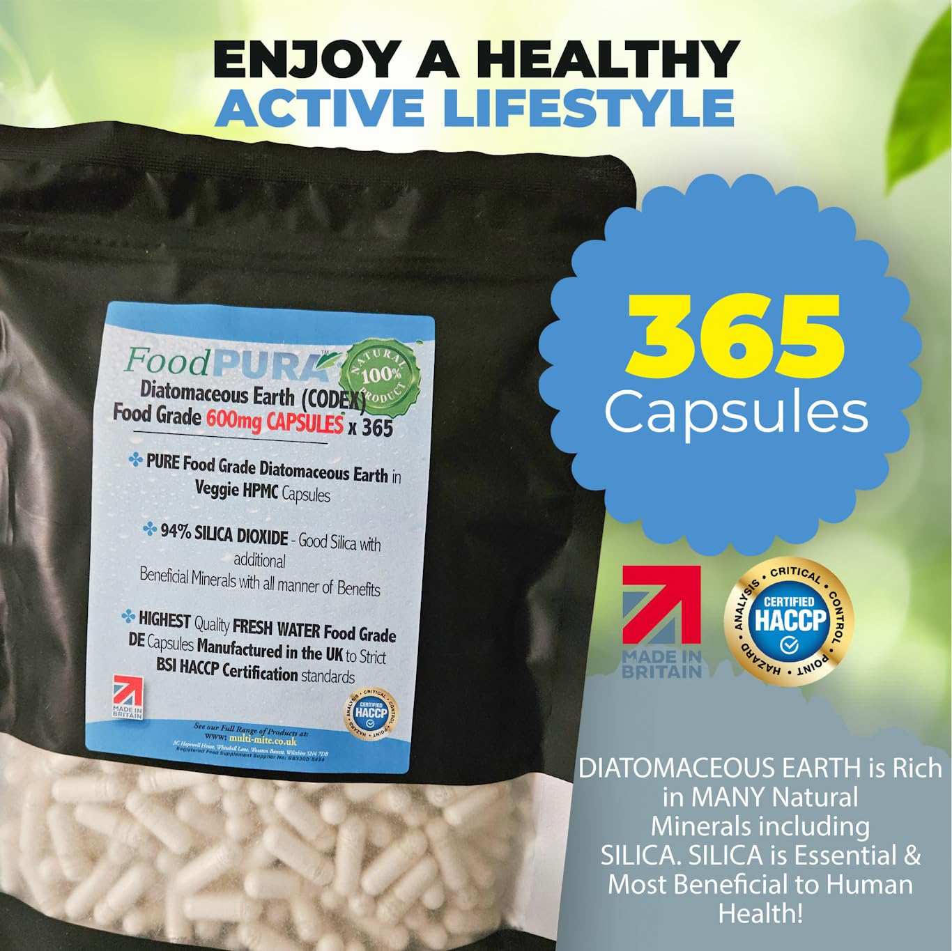 FoodPURA 365 X Food Grade Diatomaceous Earth Capsules (Codex) Pure White 94% Silica Fresh Water Sourced 600mg - Capsules, The SAFEST Way to take Supplements!