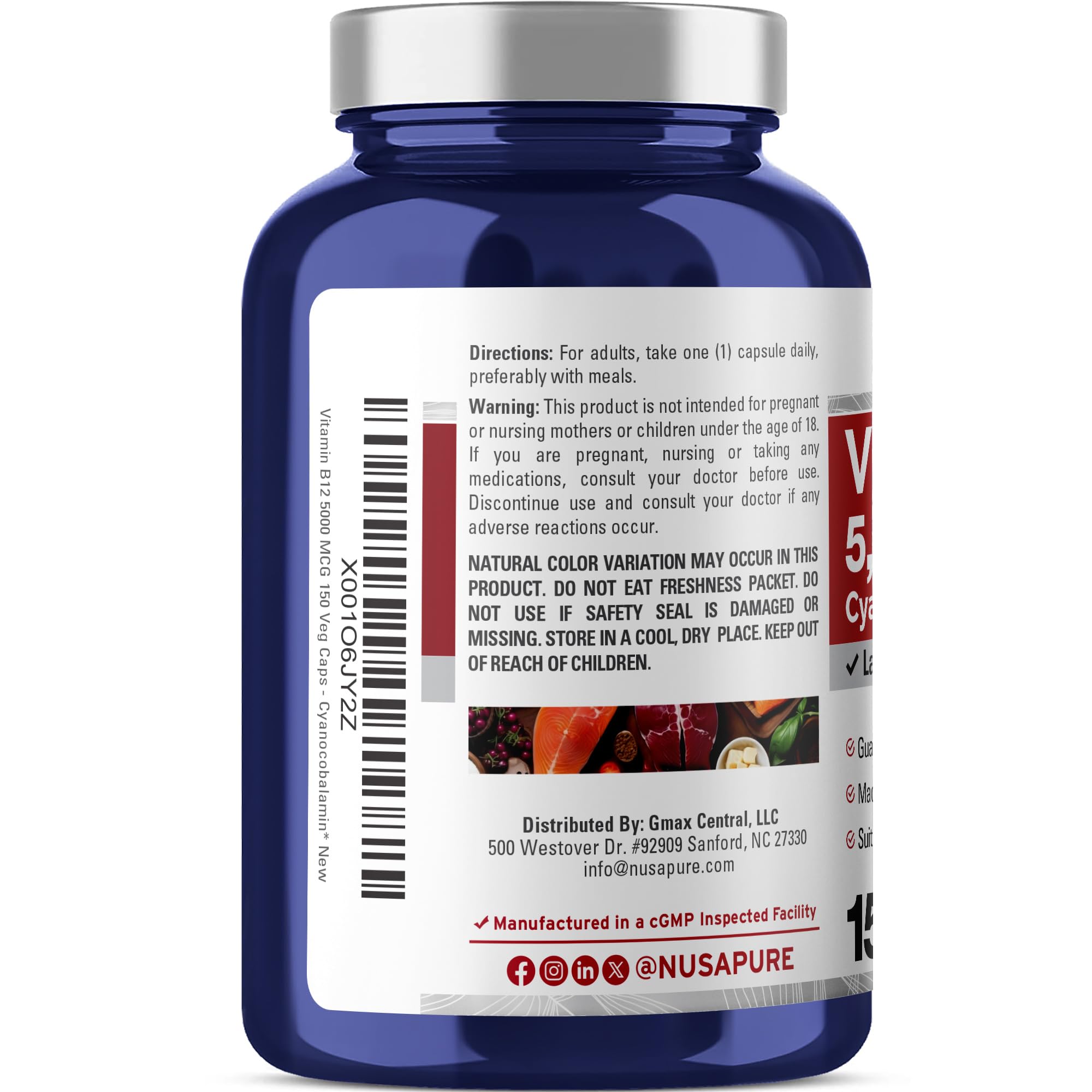 NusaPure Vitamin B12-5000 MCG 150 Veggie Capsules (Non-GMO, Vegan) - Max Strength Vitamin B12