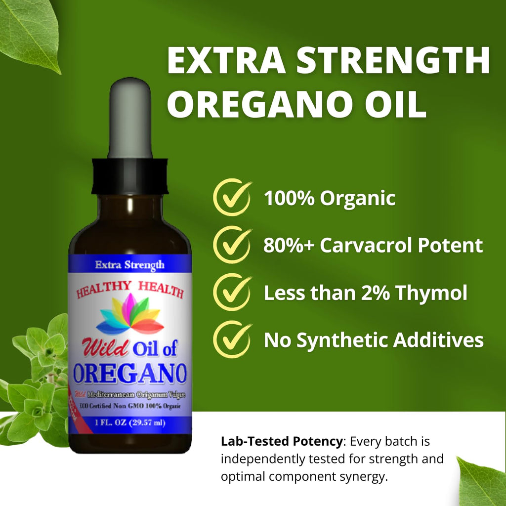 Healthy Health Oregano Oil - Wild Mediterranean - ECO Certified Organic Extra Strength 83% Carvacrol, Liquid, Immune Support, Vegan, Aceite de Oregano, Non GMO 1 fl. OZ