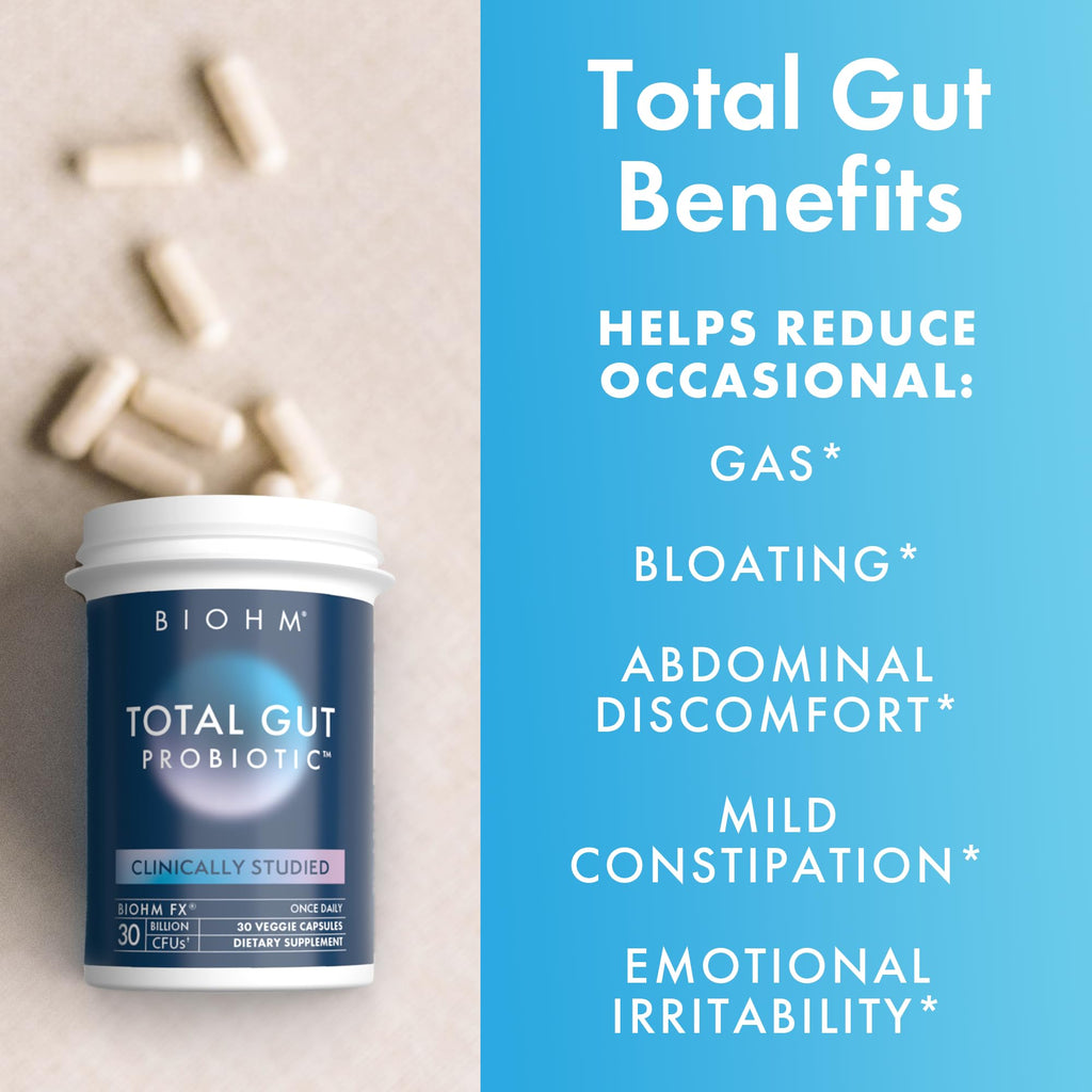 BIOHM Total Probiotic, 30 Billion CFU Daily Probiotics for Women & Men (30 Count) Helps Reduce Occasional Gas & Bloating, Supports Digestion & Total Gut Health, Non-GMO, Vegan