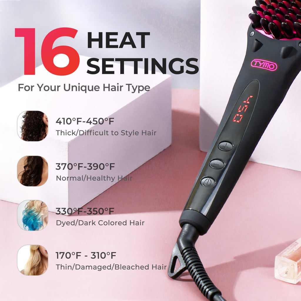 TYMO Ionic Hair Straightener Brush - One-Step Hair Straightener for Women, Straightening Brush with Negative Ions, 16 Temp Settings, LCD Display, Dual Voltage, Hot Comb Flat Iron for Frizz-Free Styles