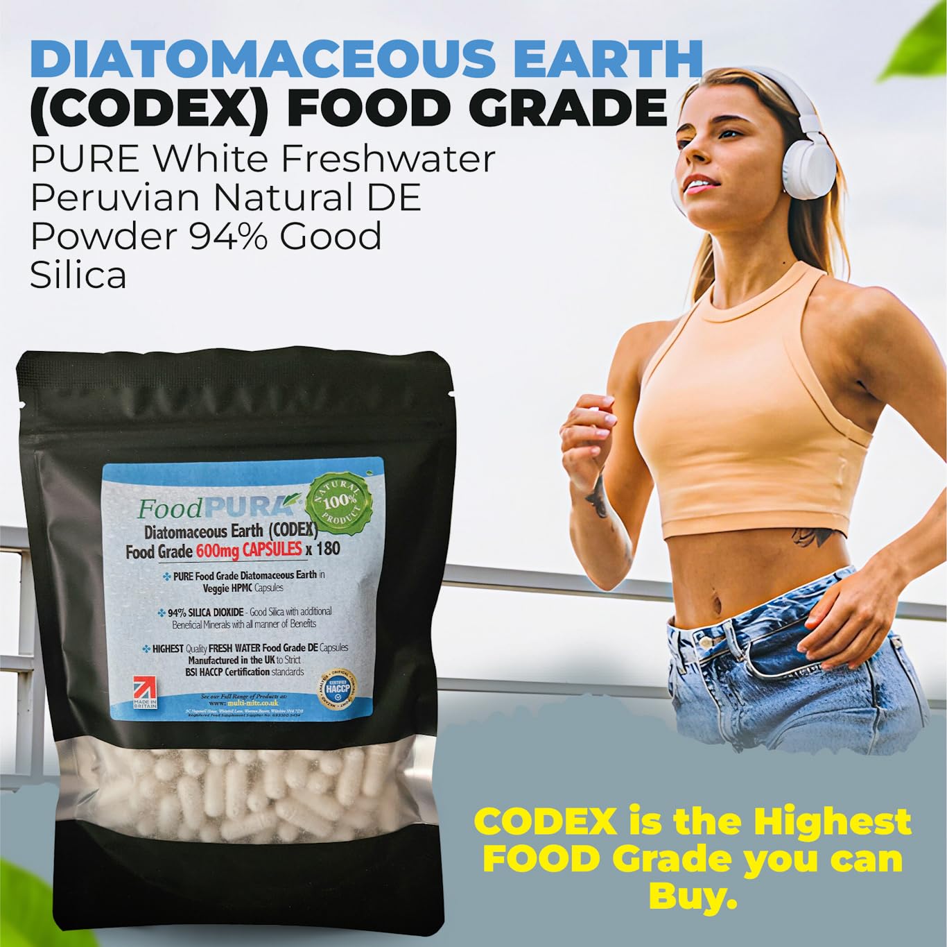 FoodPURA 60 X Food Grade Diatomaceous Earth Capsules (Codex) Pure White 94% Silica Fresh Water Sourced 600mg - Capsules, The SAFEST Way to take Supplements!