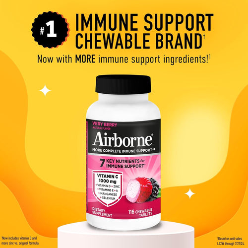 Airborne 1000mg Vitamin C + Zinc Immune Support Supplement Chewable Tablets Powerful Antioxidants Vitamins A C & E, 116 Chewable Tablets, Very Berry Flavor (2 Pack)