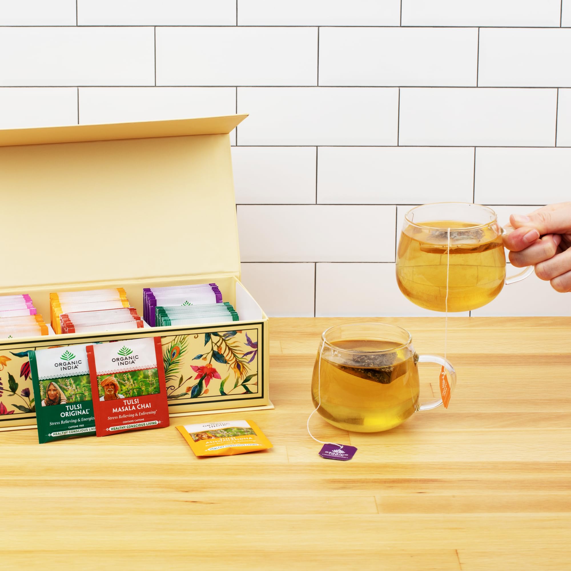Organic India Tea Sampler Box Variety Pack - Tulsi Herbal Tea Gift Set, Hot Tea Assortment, Holy Basil, Ashwagandha, Turmeric Ginger, Sweet Rose, Original, Sleep, Masala Chai - 60 Tea Bags