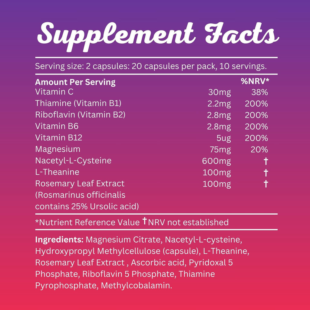 Hanqure Rebound, Includes Vitamin B1, B6, B12, & C, Magnesium + Rosemary Leaf Extract | Food Supplement, 20 Vegan Capsules, Made in The UK