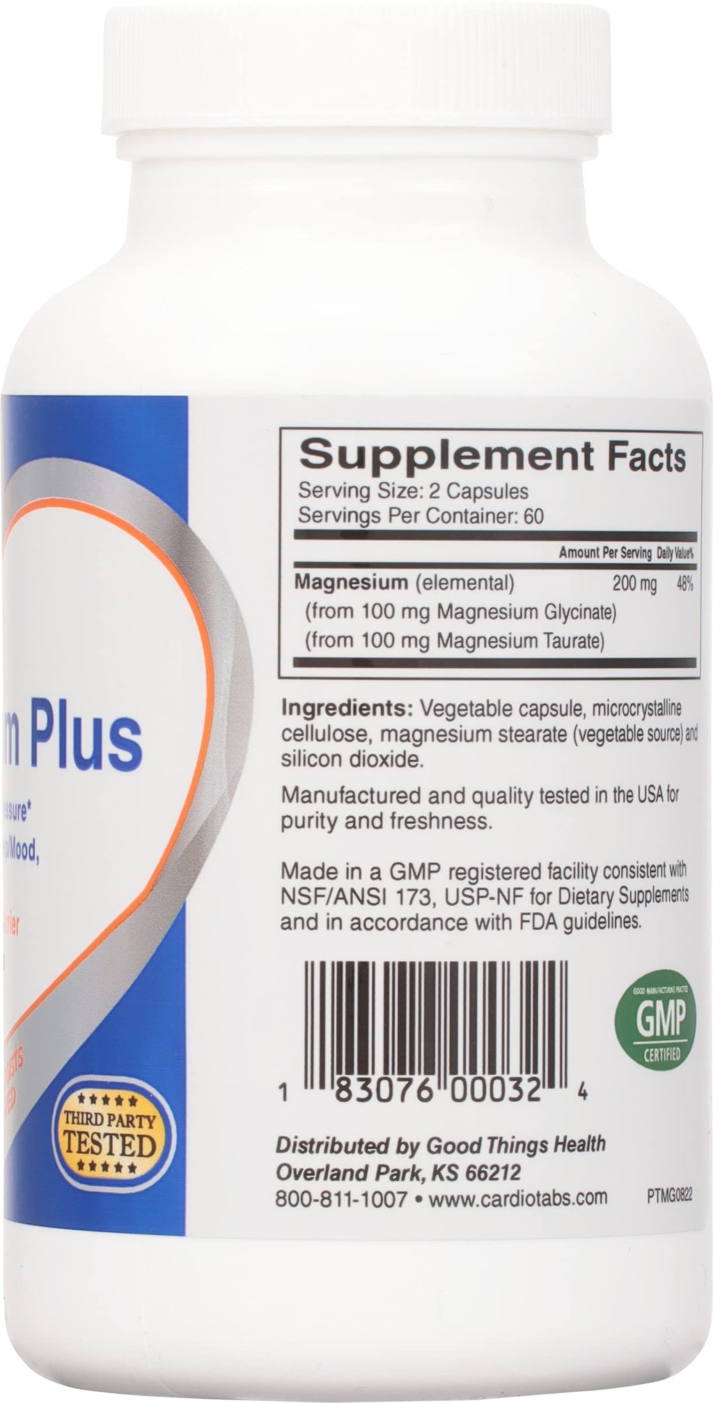 Cardiotabs Magnesium Plus – 200 mg of Magnesium Glycinate and Magnesium Taurate for Blood Pressure, Heart, Brain, Sleep & Mood Support – Highly Concentrated and Well Absorbed - 120 Capsules