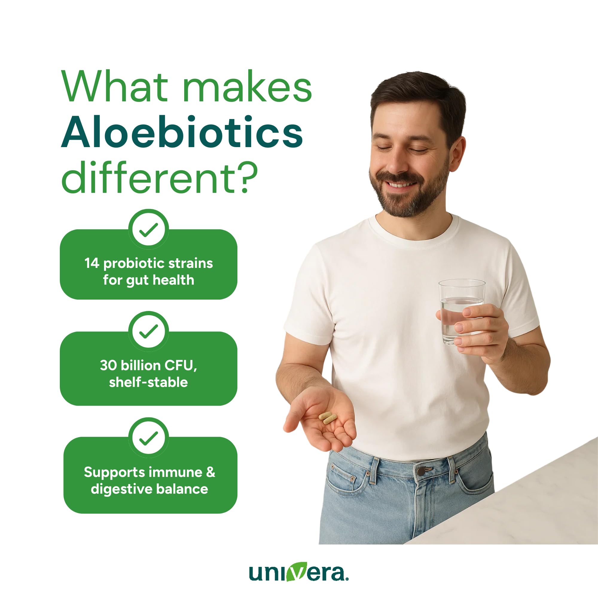 Univera Probiotics, Probiotics and Prebiotics 30 Billion CFUs with Organic Aloe Vera -14 Strains, Digestive Enzymes for Adults - Vegan, AloeBiotics, 60ct.