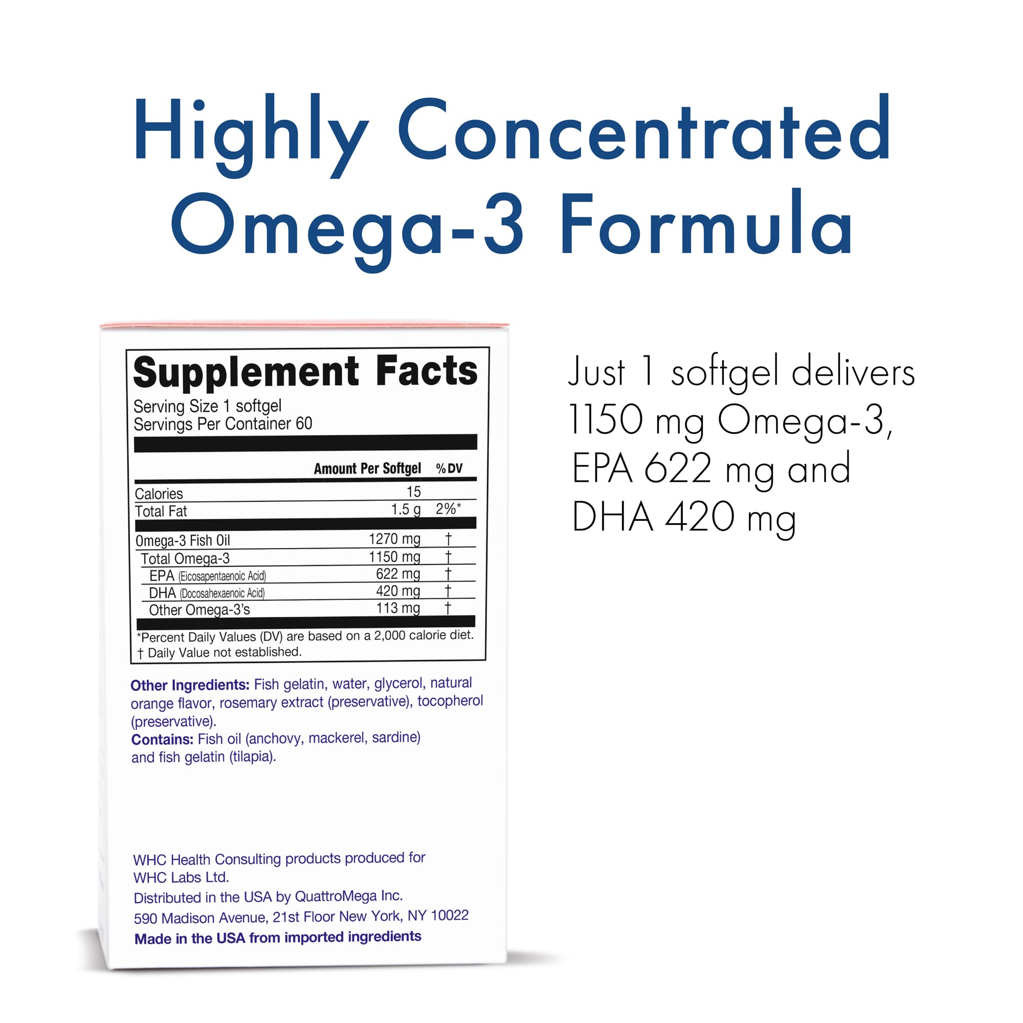WHC, UnoCardio X2 Fish Oil, Triglyceride Omega-3 Fatty acids, 1270 mg Fish Oil Supplement (622 mg EPA / 420 mg DHA/Total 1150 mg of Omega-3 per Serving), Natural Orange, 60 softgels