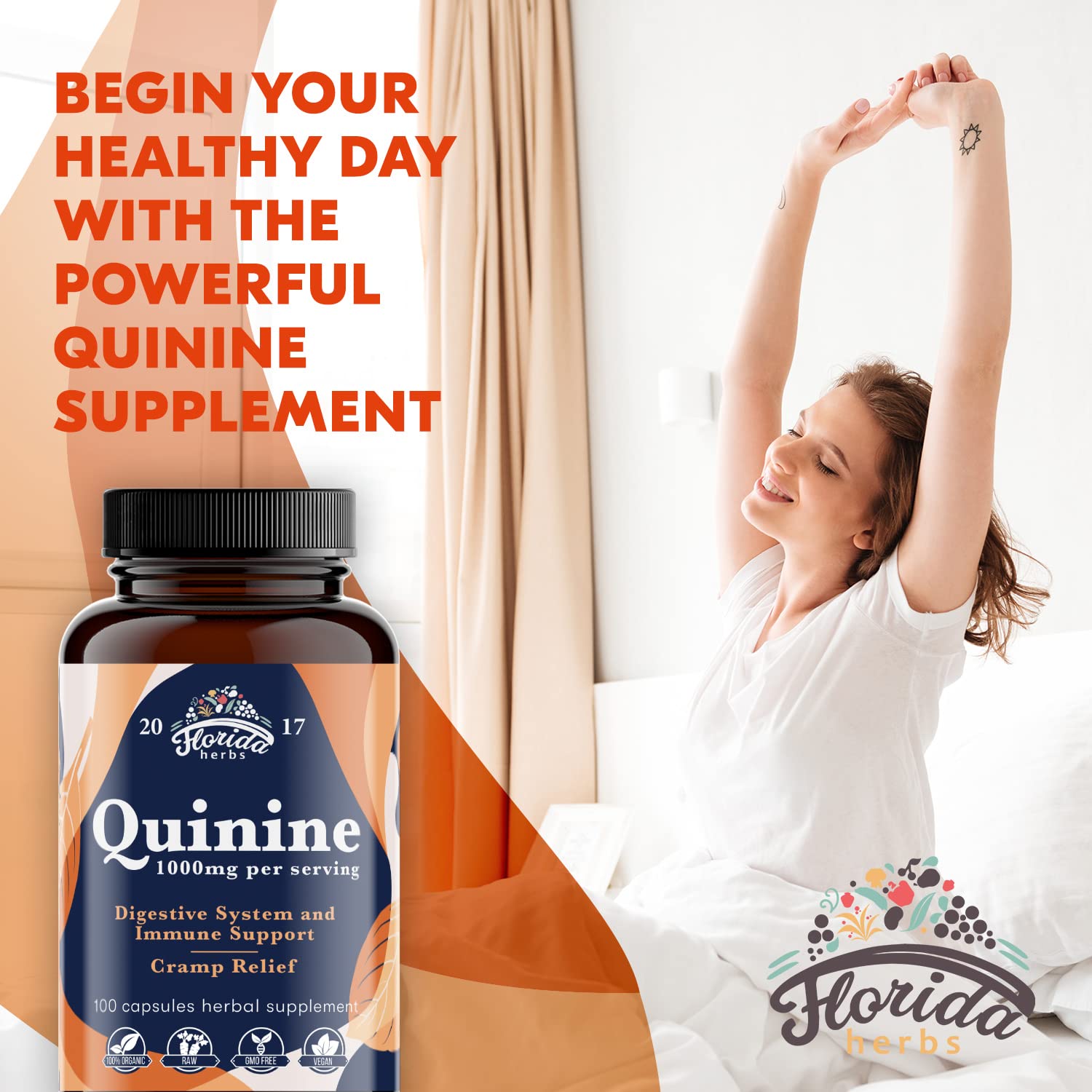 FLORIDA HERBS Leg Cramp Support – Organic Quinine Capsules from Cinchona Bark – 1000 mg (Pack of 2, Total 200 Capsules)