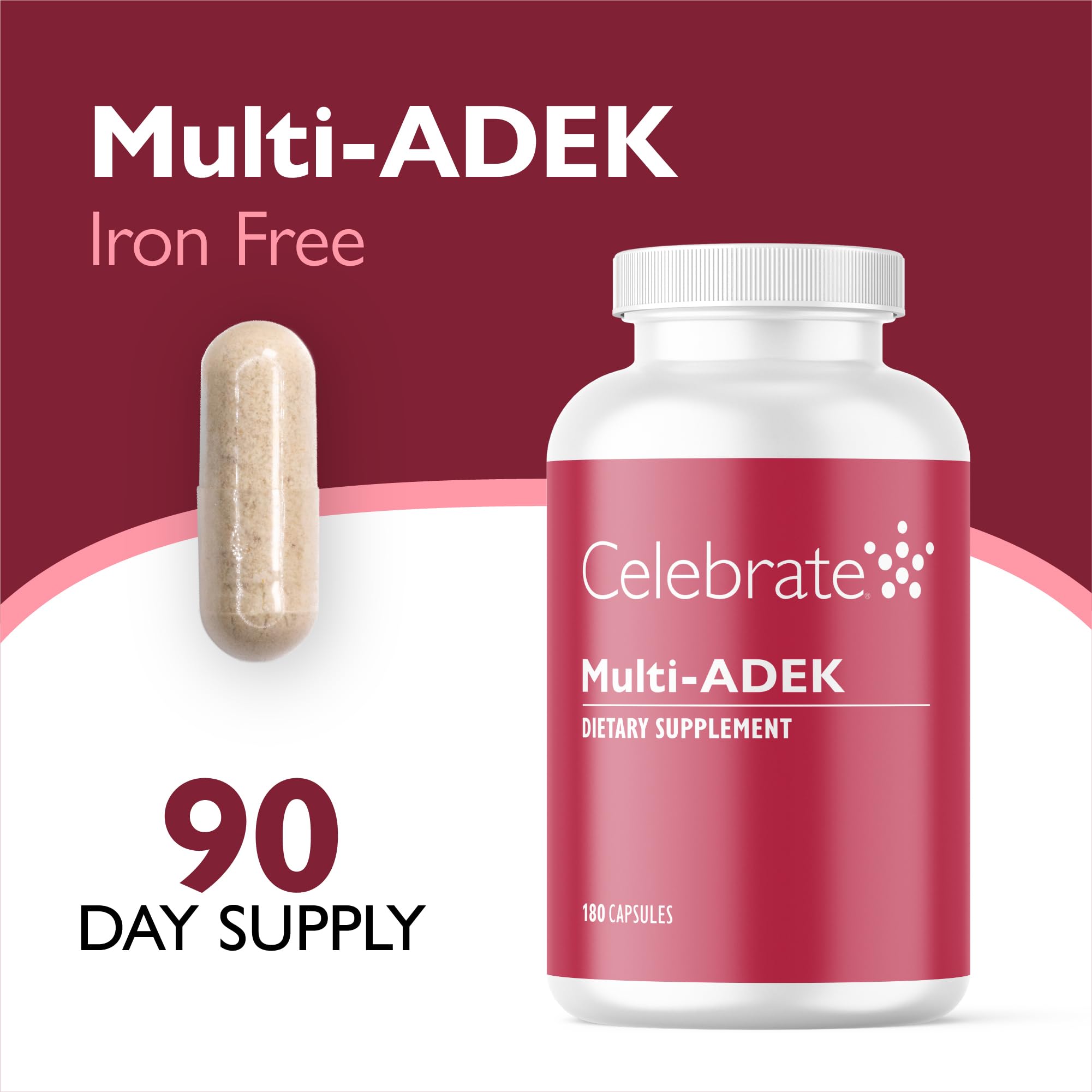 Celebrate Vitamins Multi ADEK Bariatric Multivitamin Iron Free, Easy to Swallow Veggie Capsules for Duodenal Switch & SADI Patients, Vitamins A, D, E, K & B12, 3 Months Supply (180 Capsules)