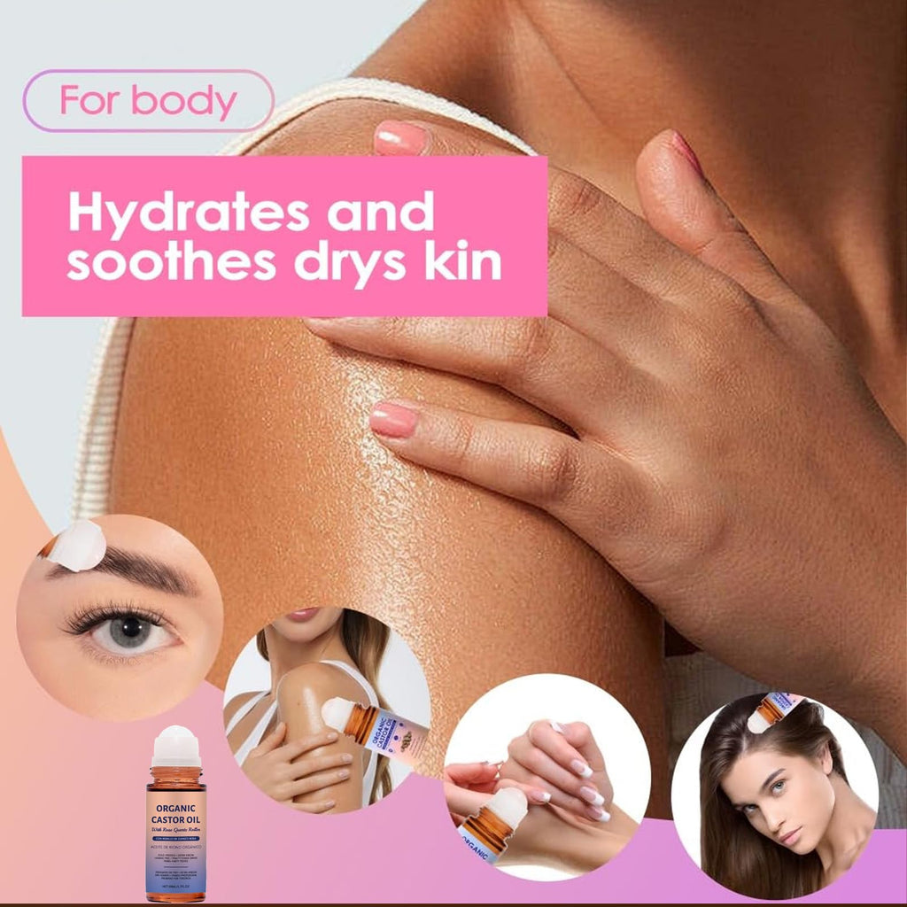 Organic Castor Oil with Rose Quartz Roll On For Face and Body Cold Pressed, Hexane Free, Unrefined - Stimulate Hair Growth, Moisturize Skin