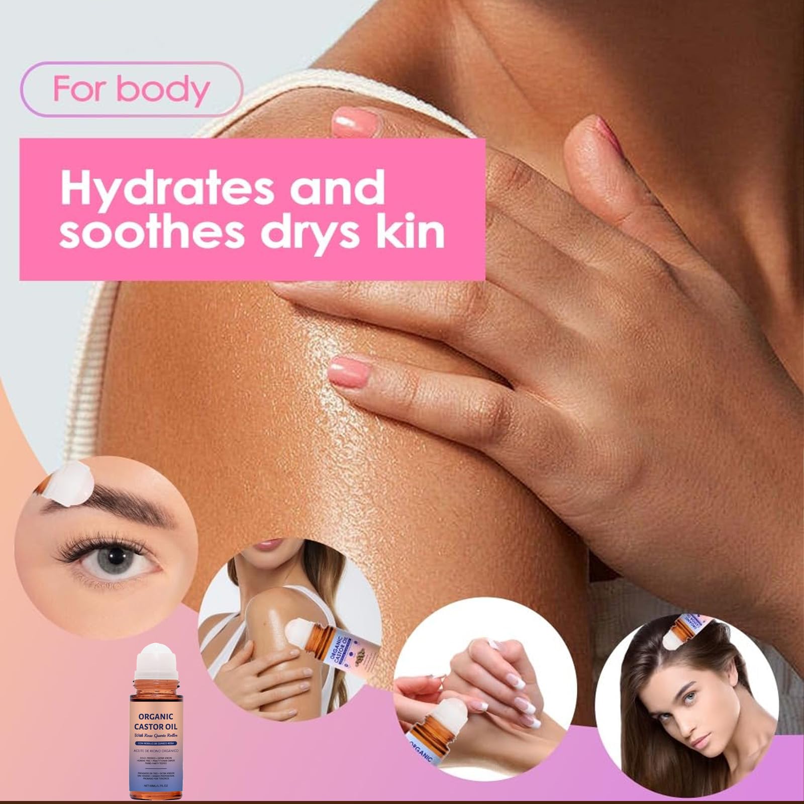 Organic Castor Oil with Rose Quartz Roll On For Face and Body Cold Pressed, Hexane Free, Unrefined - Stimulate Hair Growth, Moisturize Skin