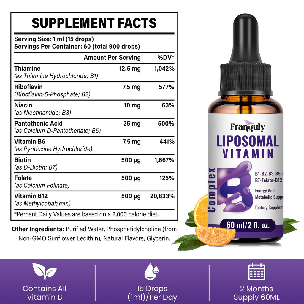 Liposomal Vitamin B Complex Liquid Sublingual B Complex Vitamins Supplement for Women Men Improved Absorption Methylated B12,B1, B2, B3, B5, B6,Folate,Biotin for Energy And Immune Support-4.0 oz