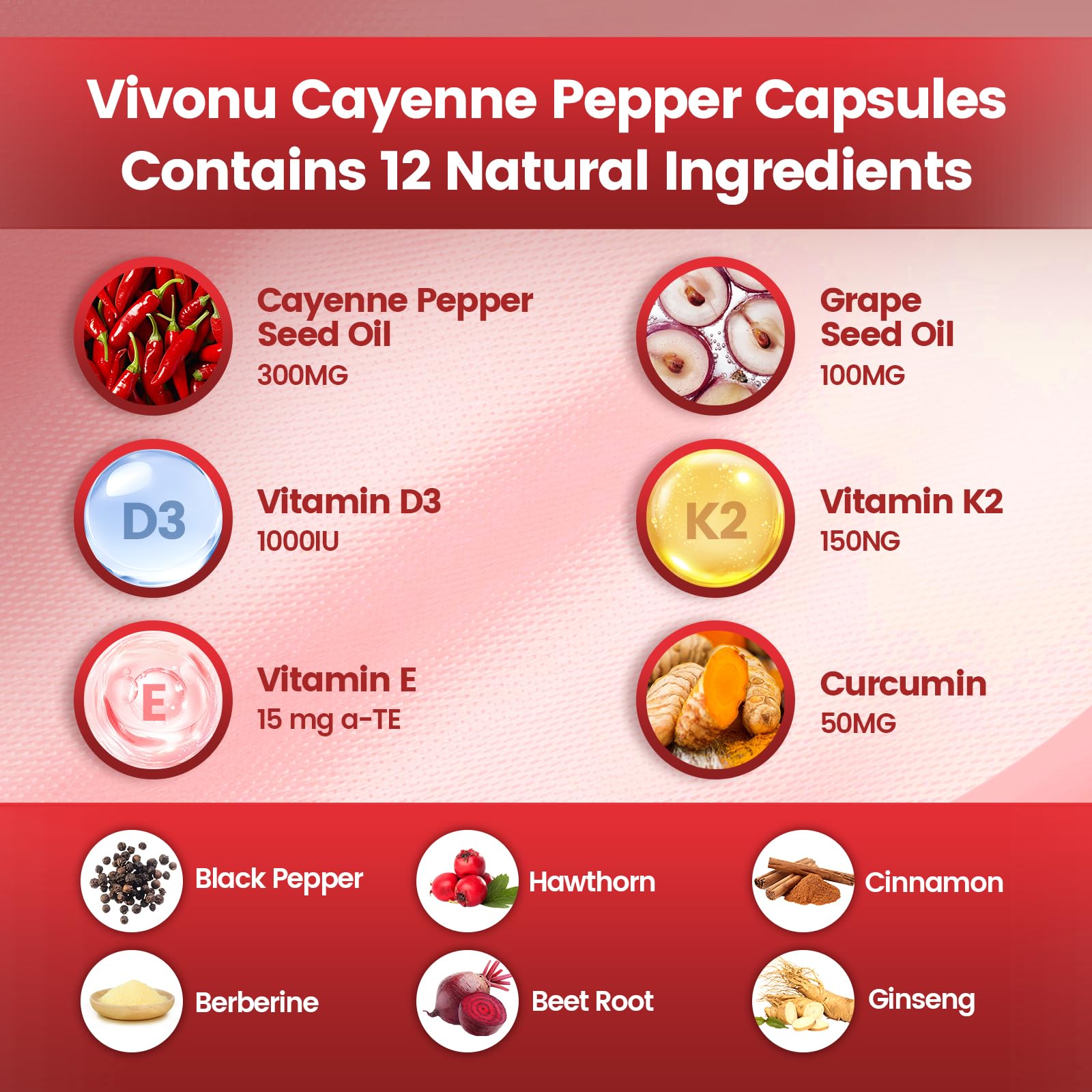 VivoNu Cayenne Pepper Softgels Supplement, Supports Leg Vein, Heart and Blood Vessel Health, with Vitamin E D3+K2 and Extracts of Grape Seed, Hawthorn, Beetroot and Others