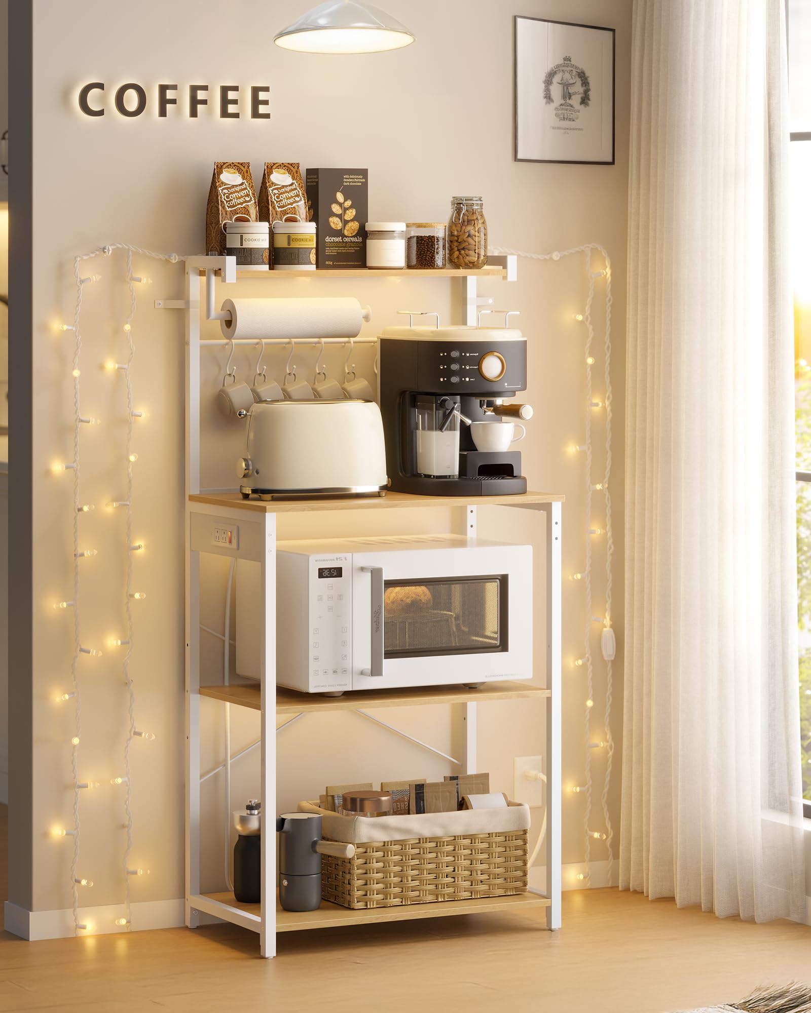 VASAGLE UKKS014Y01V1 Kitchen Bakery Shelf with Power Outlet, 4 Tier with 8 S Hooks, Adjustable Shelf for Small Spaces, Golden Oak and Cloud White