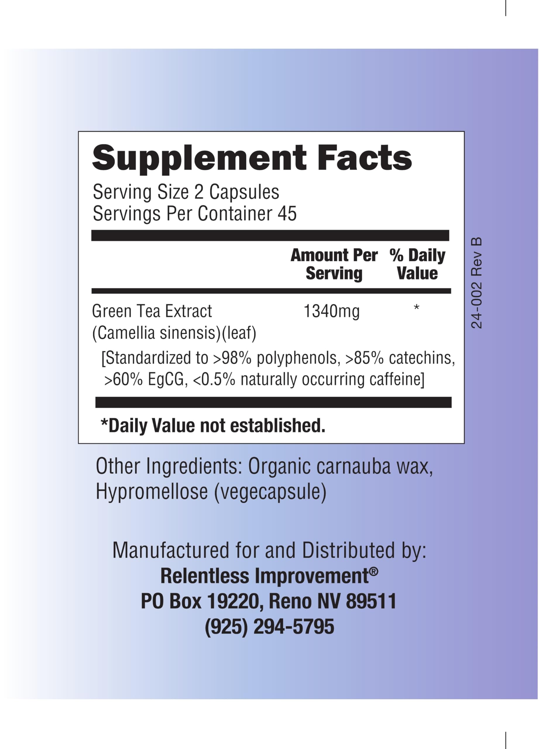 Relentless Improvement EGCG Green Tea Extract 90 Capsules 670mg Extract Per Capsule Standardized to High Potency 98%+Polyphenols 60% EgCG Very Low Caffeine Gentle On Digestive System