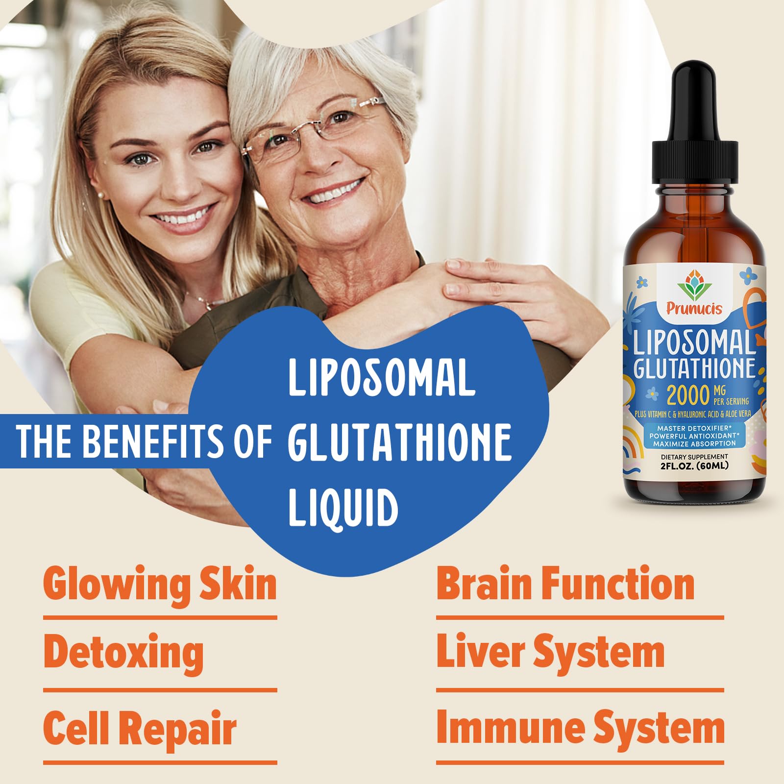 Prunucis 2000MG Liposomal Glutathione Liquid, 98% Absorption, Active Form L-Glutathione Supplement, Vegan Friendly, Powerful Antioxidant Complex for Immune System, Aging Defense, Detox, 4 FL.OZ