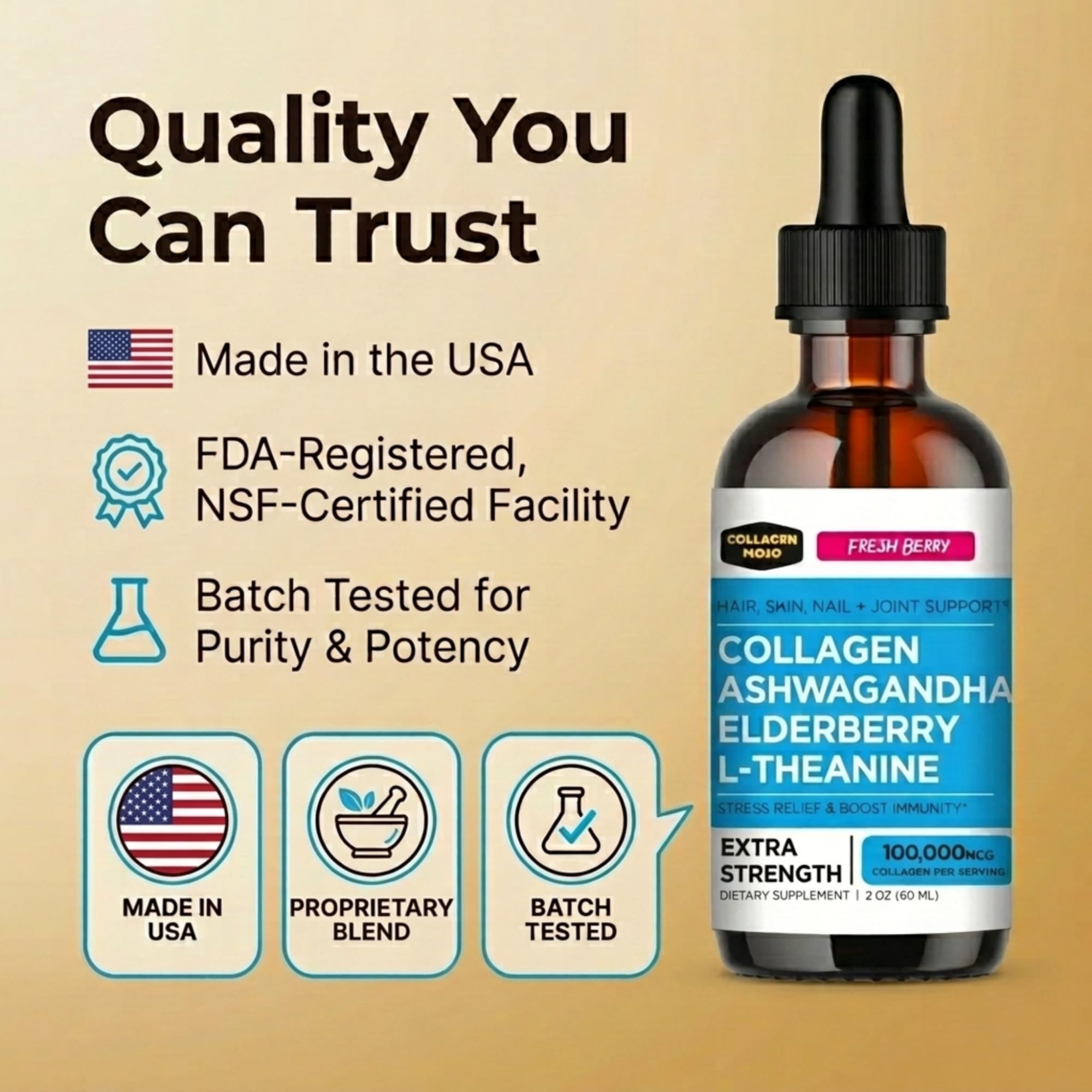 Collagen Mojo - Liquid Collagen with Ashwagandha for Women & Men - Collagen Peptides Drops with L-Theanine - Hair, Skin, Nails, Joint & Stress Relief - Ashwagandha Supplement, 100,000mcg 2 Oz