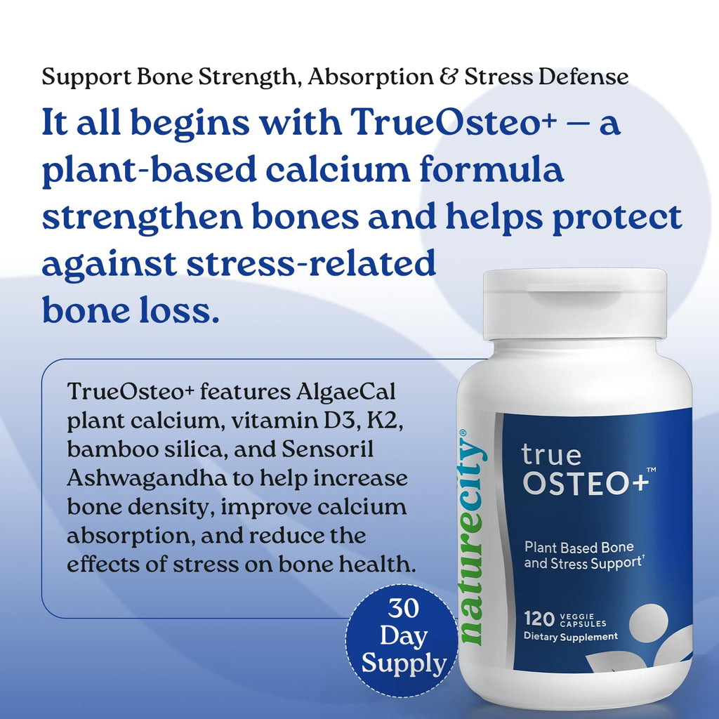NatureCity True-Osteo Plus Bone Support with Ashwagandha – for Strength & Density – Plant-Based Calcium with Organic AlgaeCal, Magnesium, Vitamin D3, K2, Silicon & Stress Support | 360 Veggie Capsules