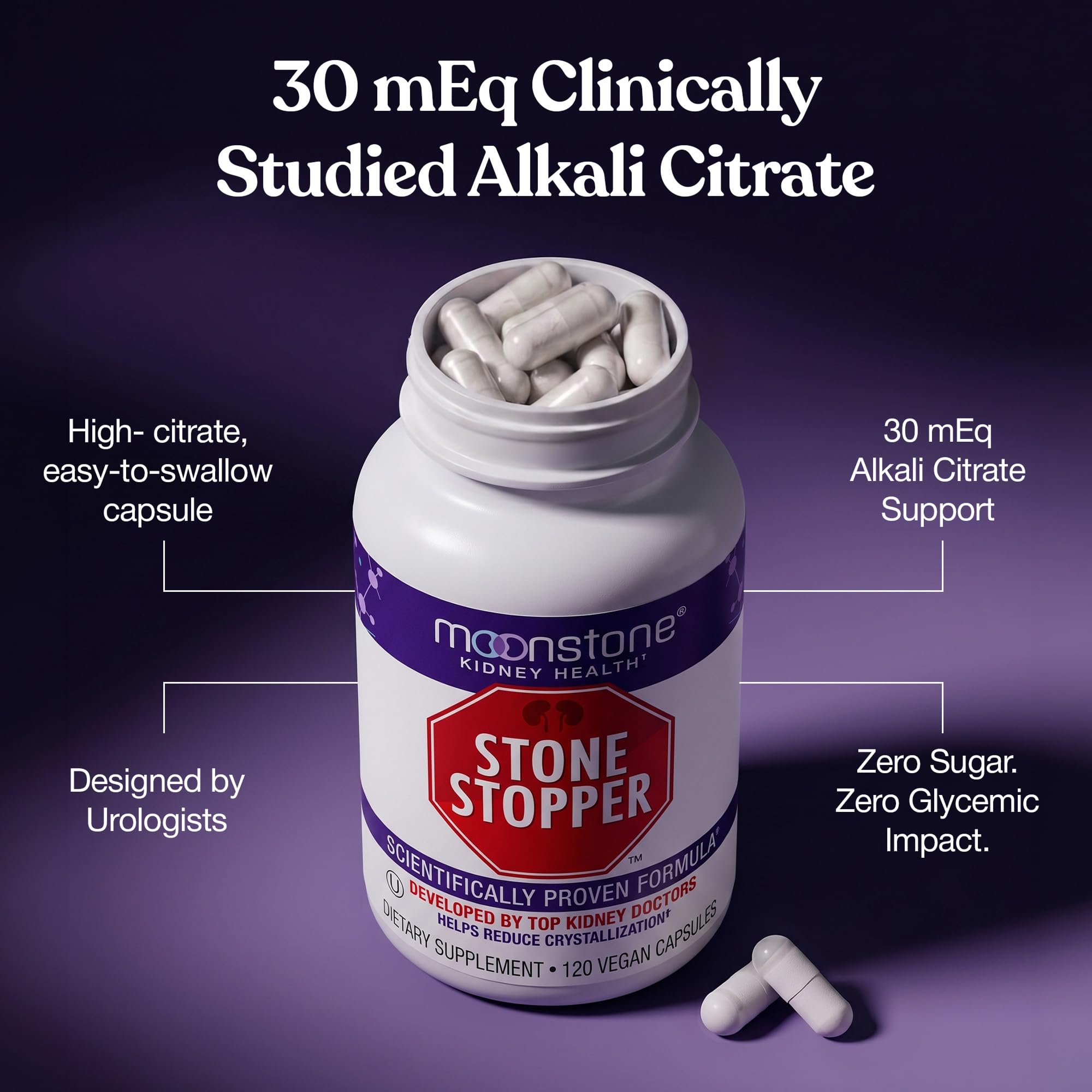 Moonstone Stone Stopper Capsules, Kidney Stone Prevention, Calcium Oxalate Protector, Alkali Citrate Support Supplement, Developed by Urologists to Support Kidney Health, 90 Day Supply (360 Count)