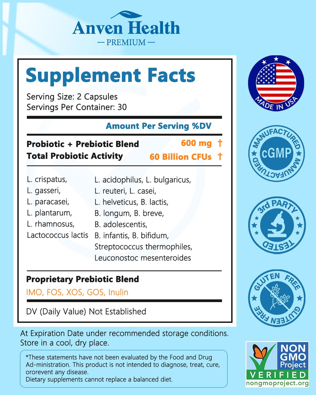 Anven Health Probiotics for Women Men Prebiotics, Made in USA Digestive