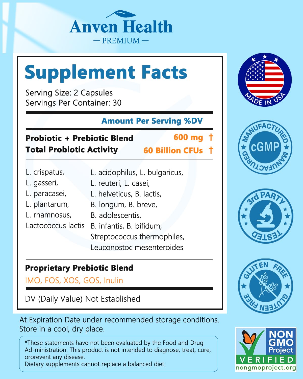 Anven Health Probiotics for Women Men Prebiotics, Made in USA Digestive