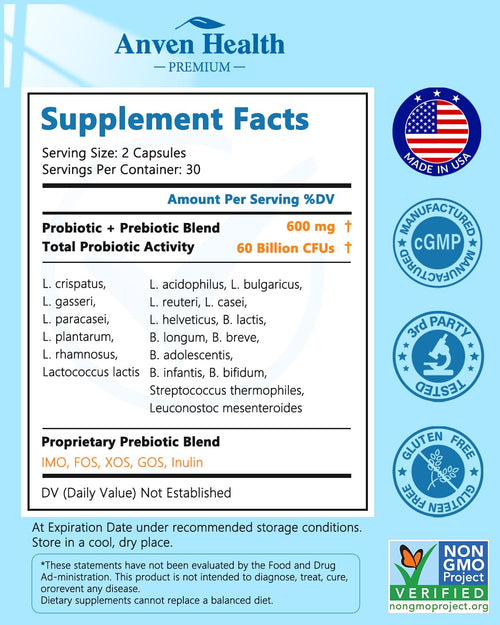 Anven Health Probiotics for Women Men Prebiotics, Made in USA Digestive