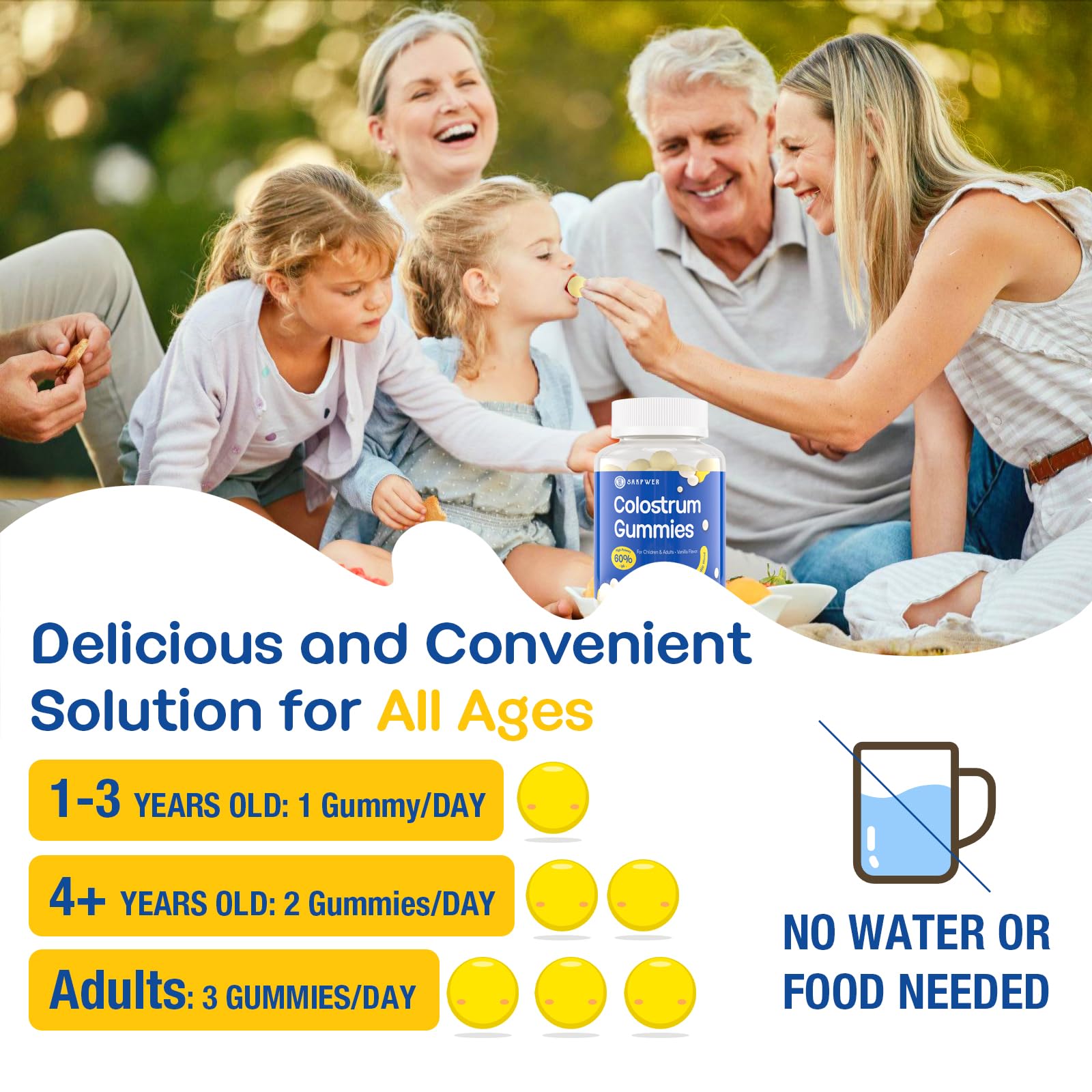 Sakpwer Bovine Colostrum Supplement Gummies - with 60% Highest IgG, Lactoferrin, Probiotics and Prebiotics for Adults and Kids, Vanilla Flavor & Sugar Free, 2 Pack