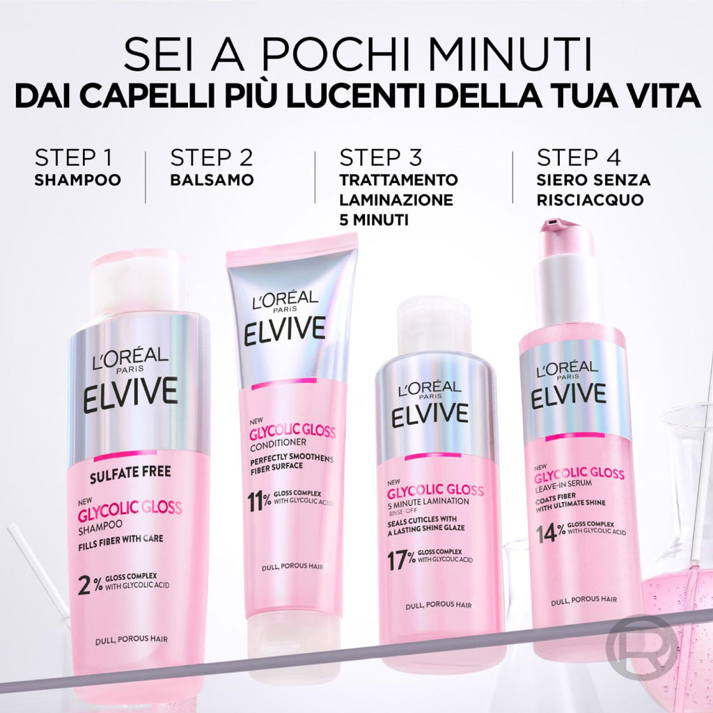 L'Oréal Paris Elvive Glycolic Gloss Glycolic Acid Hair Set with Conditioner 150ml + 5 Minute Lamination Treatment for Dull and Porous Hair 200ml - 2 Bottles